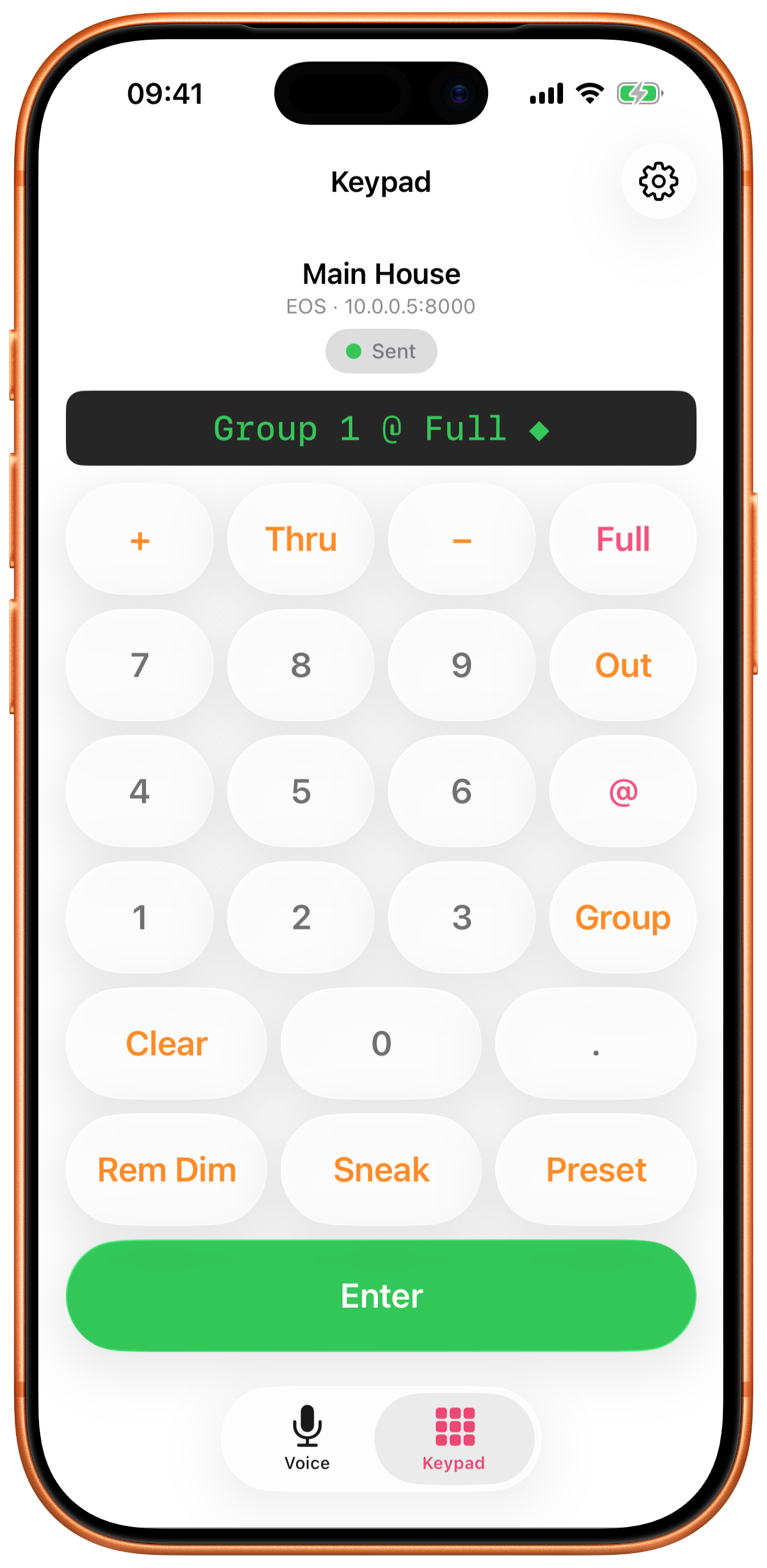 Focus Mate's keypad on an iPhone, its command line reading Group 1 @ Full, sent to a console called Main House.