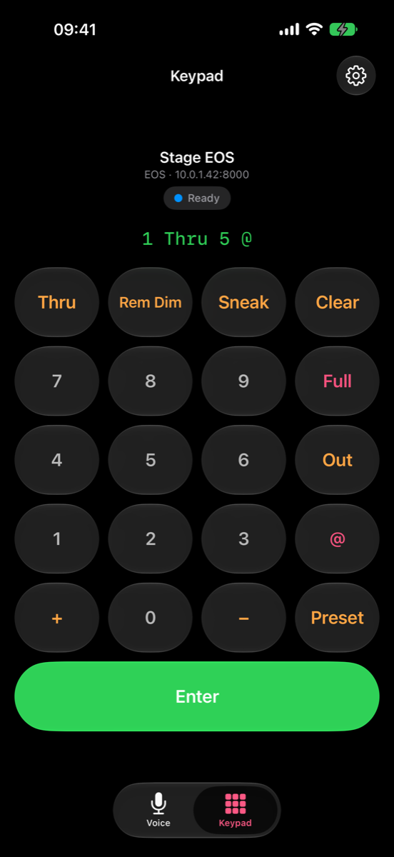 The keypad screen on EOS, showing a command line reading 1 Thru 5 @ above the keys.