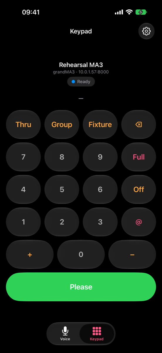 The same keypad on a grandMA3 console, with the keys relabelled to Group, Fixture, Off and Please.