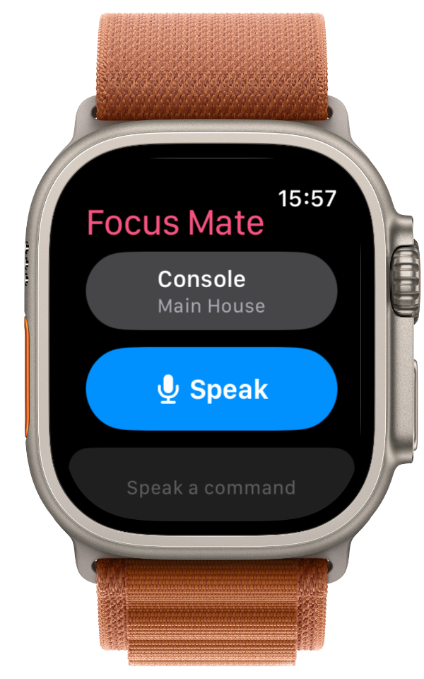 Focus Mate on an Apple Watch: the Main House console selected, and a Speak button below it.